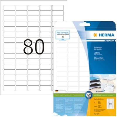 Herma 4336 Universele etiketten 35.6 x 16.9 mm Papier Wit 2000 stuk(s) Permanent hechtend Inkjet, Laser (zwart/wit), Laser (kleur), Kopiëren