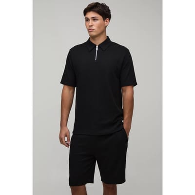 Lange Slanke Pasvorm Wafel Ritshals Polo & Shorts Set | Black | Size Small