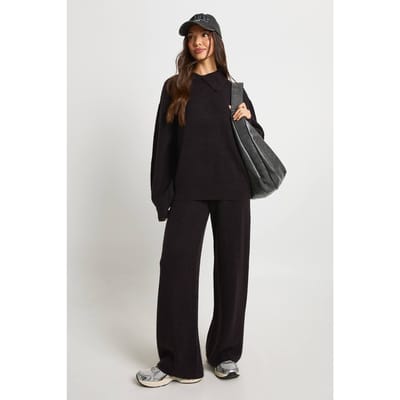 boohoo Dames Super Zachte Ronde Hals Gebreide Chunky Cardigan en Wijde Pijpen Broek Co-Ord | Black | Maat: Small