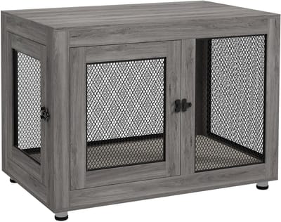 PawHut Hundekäfig für Zuhause, Hundebox mit 2 Türen, Waschbaren Kissen, Hundehütte mit Verstellbare Füße, Riegel, für große Hunde bis 30 kg, Grau, 94 x 60 x 71,5 cm