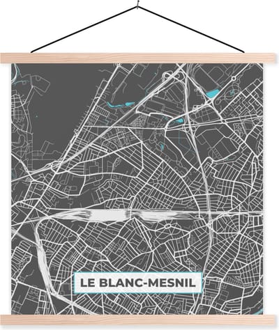 Posterhanger incl. Poster 40x40 cm - Schoolplaat - Le Blanc-Mesnil - Frankrijk - Plattegrond - Kaart - Stadskaart - Textielposter - Blanke latten - Stadskaart