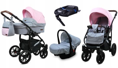 BabyLux® Kinderwagen 4in1 – OPTIMAL - LIGHT PINK BLACK FRAME - Opklapbare Wandelwagen incl. Reiswieg, Multifunctionele Buggy Sportstoel, Autostoel, ISOFIX basisstation - Combi-kinderwagen met Luiertas, Regenhoes, Klamboe