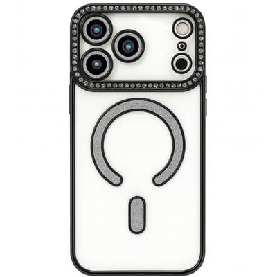 Hoesje met Diamantjes en Glitter Geschikt voor: Apple iPhone 17 Pro - MagSafe Glitter Hoesje - Zwart met Diamanten steentjes - Glamour Hoesje