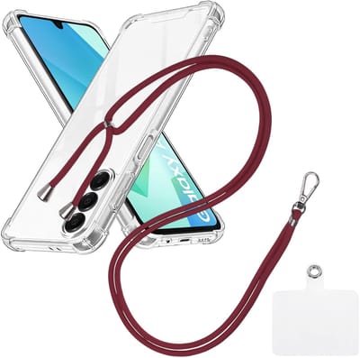 Shock Proof Case Hoes Geschikt voor Samsung Galaxy A15 Hoesje Transparant Met universele Telefoonkoord bordeaux - Cover - Nek Hanger - Koord Hoes
