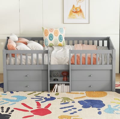 MEUNIQ Halfhoogslaper 90 x 200 cm met 4 lades, veiligheidshekje en ladder, kinderbed voor kinderkamer, grijs