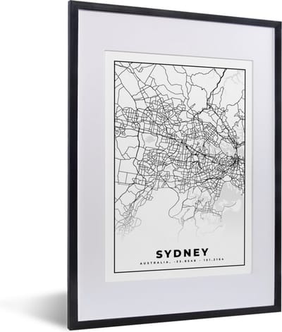 Fotolijst incl. Poster Zwart Wit- Sydney - Zwart Wit - Plattegrond - Stadskaart - Kaart - 30x40 cm - Posterlijst