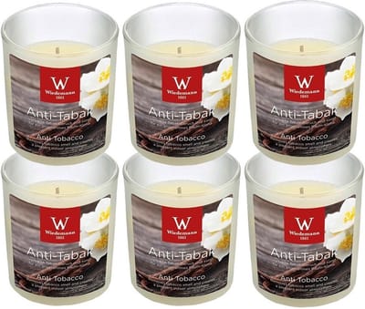 Trend Candles Geurkaars - 6x - in glas - Anti tabac aroma - 25 branduren - 7 x 8 cm - woondecoratie - kaarsen