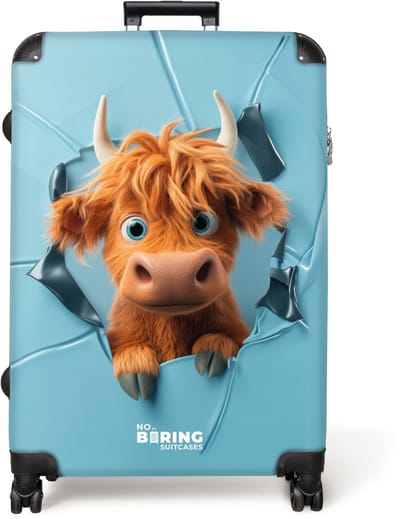NoBoringSuitcases.com® - Kinderkoffer - Kindertrolley jongen en meisje - Cartoonachtige koe breekt door muur - Koffer kind groot - Rolkoffer met 4 wielen - Grote trolley XL - 98 liter bagage