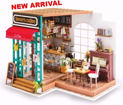 Robotime modelbouw Miniatuur bouwpakket Simon's Coffee Corner hout/papier/kunststof - 226mm hoog x 194mm breed x 190mm diep - met lampje