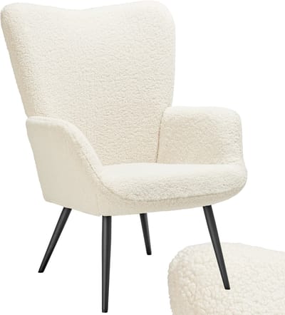 tectake® Oorfauteuil – Scandinavische Teddy Bouclé Fauteuil voor Woonkamer en Slaapkamer – Loungefauteuil met Zwart Metalen Poten – Draagvermogen 150kg – Crème