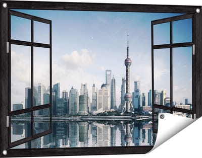 Gards Tuinposter Doorkijk Shanghai Skyline in China - 90x60 cm - Tuindoek - Tuindecoratie - Wanddecoratie buiten - Tuinschilderij