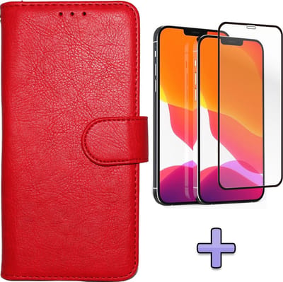 HB Hoesje Geschikt voor Apple iPhone 12 & 12 Pro Rood - Luxe Kunstlederen Portemonnee Book Case & Volledige Display Screenprotector