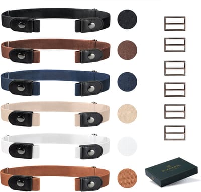 RX Goods 6 Stuks Gespvrije & Elastische Riem voor Dames & Heren – Riem zonder Gesp - Beige, Wit, Lichtbruin, Bruin, Donkerblauw & Zwart