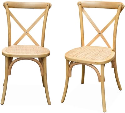 sweeek - Set van 2 vintage rubberhouten bistrostoelen, zitting van rotan, stapelbaar - belleville