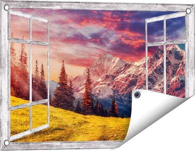 Gards Tuinposter Doorkijk Alpen Landschap met een Kleurrijke Hemel - 60x40 cm - Tuindoek - Tuindecoratie - Wanddecoratie buiten - Tuinschilderij