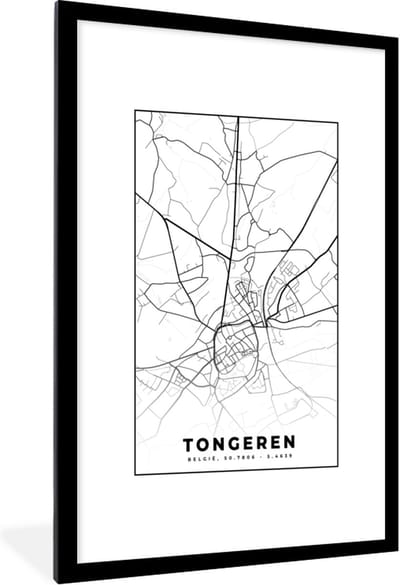 Fotolijst incl. Poster Zwart Wit- Plattegrond – Tongeren – Zwart Wit – Stadskaart - Kaart - België - 80x120 cm - Posterlijst