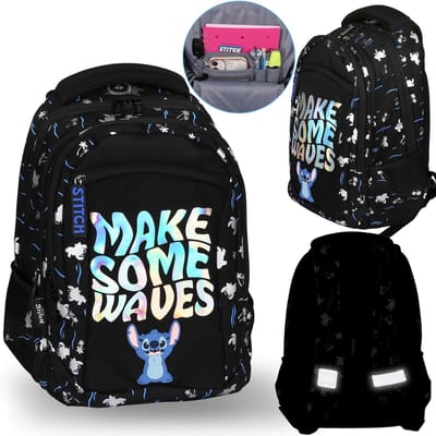 DISNEY Stitch Zwarte VERSTEVIGDE schoolrugzak TORNISTER voor meisjes, met reflectoren VIER VAKKEN 39x28x13cm