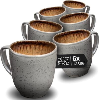 Moritz & Moritz ORGANIC Koffiekopjes Set - 6-delig Koffiebeker met Oor - 380 ml - Steengoed - Amber