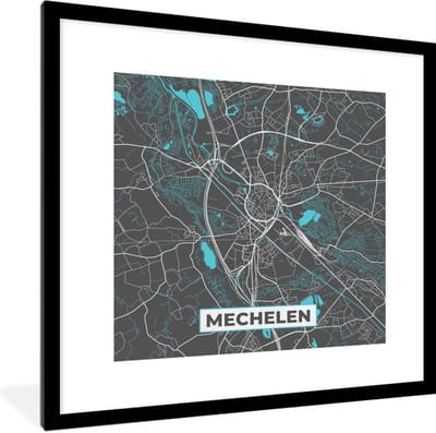 Fotolijst incl. Poster - Kaart – Plattegrond – Stadskaart – Mechelen – België - Grijs - 40x40 cm - Posterlijst