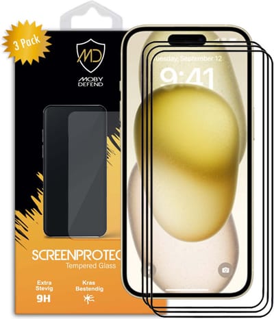 3-Pack MobyDefend Screenprotectors - Geschikt voor iPhone 15 Plus - Screensavers Met Zwarte Randen - Gehard Glas