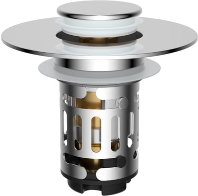 Wastafelstop, pop-up afvoerzeefstop met afneembare roestvrijstalen filtermand, haarvanger, afvoerstop voor 25-46 mm spoelgat, messing bulletkern, chroom