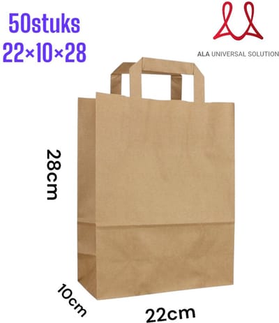 Papieren Tas - 50 stuks - Bruin - 22+10x28cm - Platte Handvat / papieren draagtassen