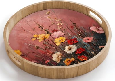 Dienblad rond 40x40 cm - Schootdienblad hout - Bloemenboeket - Fijne details - Roze - Borrelplank rechthoek - Plateau houten dienbladen