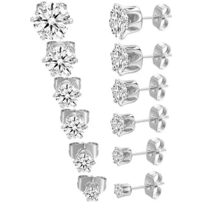 6 Paar Oorknopjes Set Oorknopjes 6 Klauwen Roestvrij Staal Zirkonia Gepiercete Sieraden Accessoires 3?8 mm white