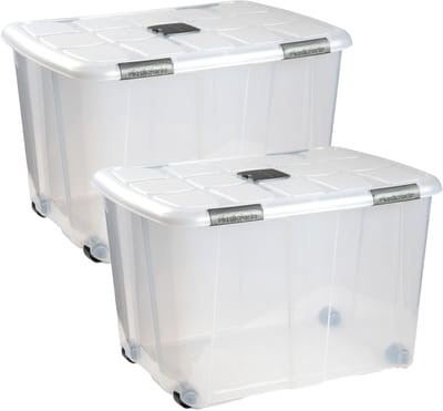 Plasticforte Opslagbox - 2x stuks - met deksel - 100L - 80 x 60 x 33 cm - transparant - opbergbak - met wielen