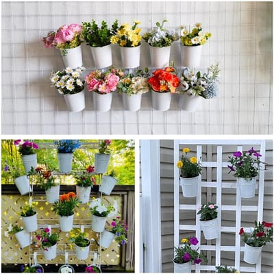 5 stuks hangende bloempotten metalen ijzeren emmer plantenbak pot metalen emmer bloemhouder met haak binnen buiten decor voor reling hek balkon tuin (wit)