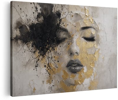 Artaza Canvas Schilderij Abstract Vrouwenportret - Goud en Zwart - 90x60 cm - Wanddecoratie Woonkamer - Schilderijen - Muurdecoratie