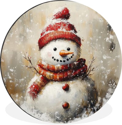 WallCircle - Wandcirkel - Muurcirkel - Sneeuwpop - Winter - Sneeuw - Beige - Aluminium - Dibond - 30x30 cm - Binnen en Buiten