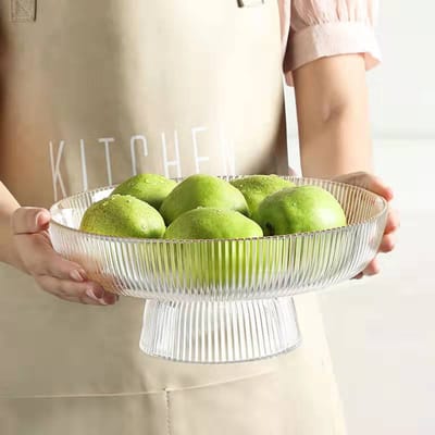 Transparante Glazen Fruitschaal Hoge Gestreepte Opbergbak Decoratie voor Woonkamer Creatieve Gedroogde Vruchtenschaal Snackbak beige