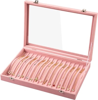 15 Haak Velours Ketting Tray Organizer met Duidelijk Deksel en Vergrendelbare Kettinghouder voor Sieraden, Hangers en Kettingen (Roze)