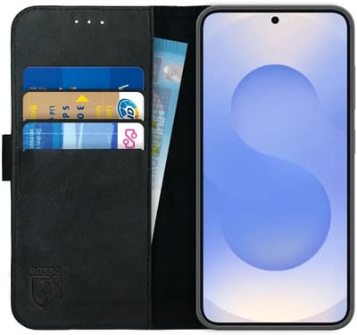 Rosso Deluxe Echt Leer Hoesje Geschikt voor Samsung Galaxy S25 | Ruimte voor drie pasjes | Portemonnee Book Case | Met Pasjeshouder | Zwart