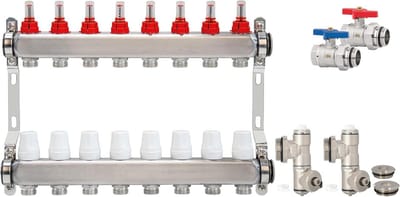 Verwarmingscircuitverdeler voor 4-12 verwarmingscircuits, regelaandrijving, vloerverwarming van roestvrij staal, incl. ontluchtingsset en kogelkraanset, verwarming (4 verwarmingscircuits)