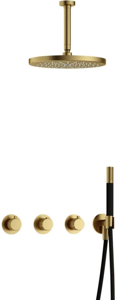 Hotbath Cobber X - CX7067 - Inbouw Regendoucheset - Geborsteld Messing PVD - 2 Stopkranen - Thermostatisch - Plafondbuis 15 cm - Hoofddouche 300 mm - Staafhanddouche - met M106 - Waterbesparend