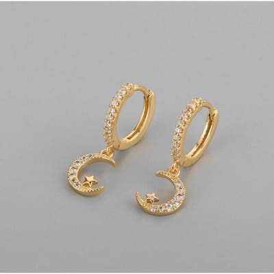 Petites Boucles d'Oreilles Créoles Étoile Lune en Argent Sterling 925 pour Femmes Prévenir l'Allergie Boucles d'Oreilles Breloques Bijoux Délicats beige