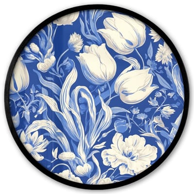 Poster in lijst Rond - Fotolijst 40x40 cm - Posters - Bloemen - Delfts Blauw - Patroon - Tulp - Ronde posterlijst zwart - Decoratie - Wanddecoratie woonkamer - Muurdecoratie slaapkamer