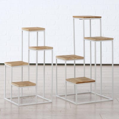 Bloempot rekje - 2 set - Metaal - Hout - 78cm - 40cm - wit