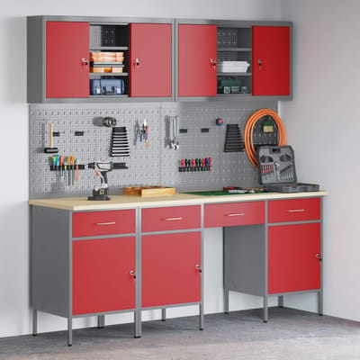 vidaXL - Werk - Cabinet - met - lade - 10 - st - Rood - Engineered - hout - en - staal