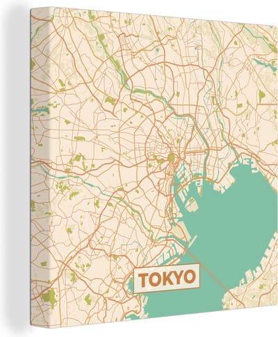 Canvas Schilderij Kaart - Tokyo - Stadskaart - Vintage - Plattegrond - 20x20 cm - Wanddecoratie