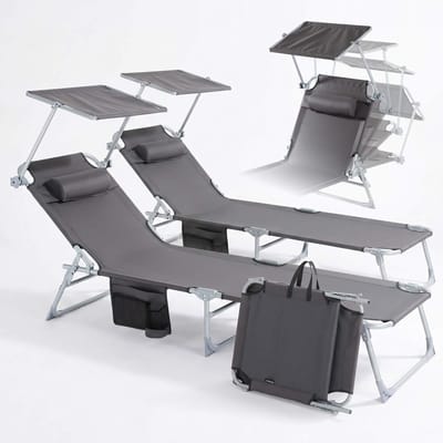 AREBOS Set 2 Ligstoel Opvouwbaar Zonnescherm Kussen 120kg Antraciet Tuin Patio Home