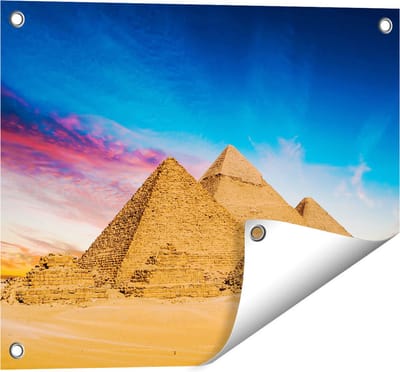 Gards Tuinposter Egyptische Piramides bij Zonsondergang - 50x40 cm - Tuindoek - Tuindecoratie - Wanddecoratie buiten - Tuinschilderij