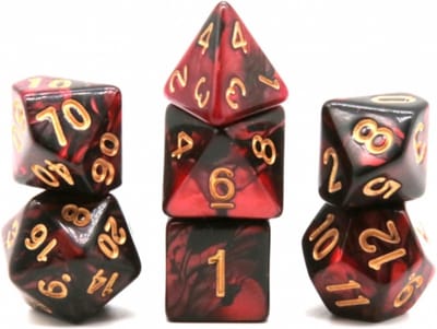 Polyset Dice | Dobbelstenen - Set Van 7 Stuks - Rood Zwart Marmer Parelmoer Goud | Voor D&D en Andere Rollenspellen | Plastic Dobbelstenen Set voor Dungeons and Dragons | Polyhedral Dice Set | Met Mooie Zwarte Velvet Dice Bag voor Ongeveer 3 Sets