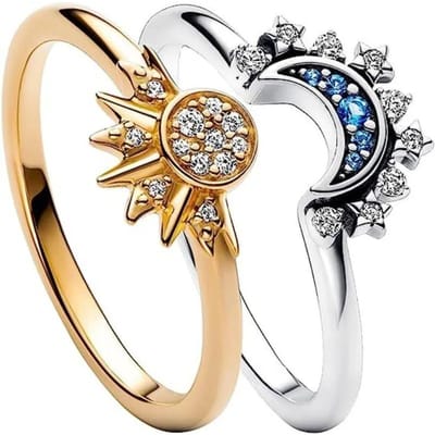 2 stuks/set Zomer koppel ring set hemelsblauw sprankelende maan en zon ring nieuwe dames stapelbare vinger set verlovingssieraden 5 beige