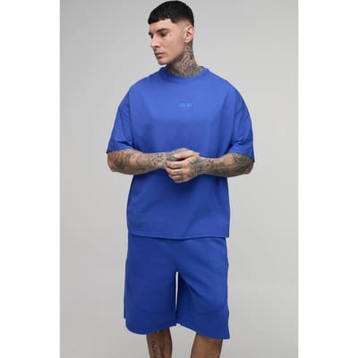 Tall Oversized Panelled Men's Geborduurd T-shirt En Short Set | Cobalt | Size Small