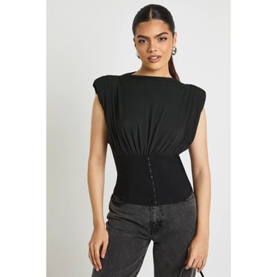 boohoo Dames Mesh & Bengaline Corset met Baleinen Detail en Haak & Oog Sluiting | Black | Maat: 10
