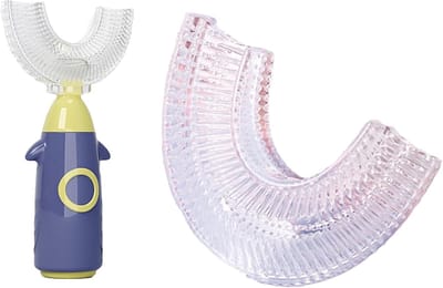 Set van 2 Kindertandenborstels met U-vorm, 360 Graden Mondpadding en Tandvleesmassage voor Kinderen van 1-8 Jaar (Blauw)