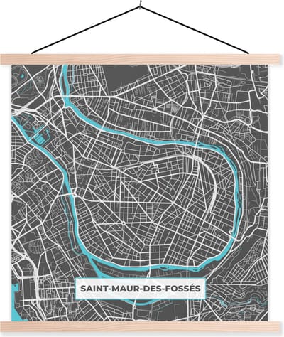 Posterhanger incl. Poster 40x40 cm - Schoolplaat - Frankrijk - Saint-Maur-des-Fossés - Stadskaart - Kaart - Plattegrond - Textielposter - Blanke latten - Stadskaart